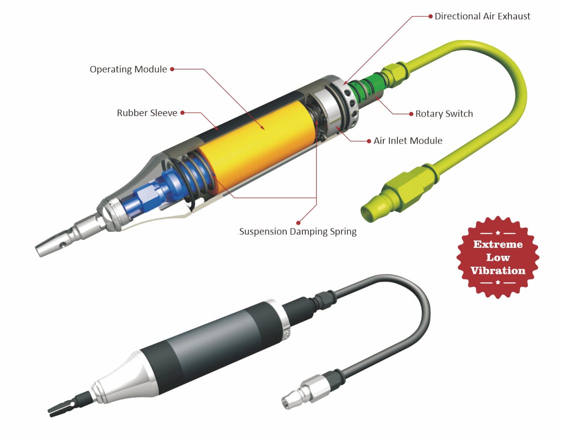 ZF-1M Low Vibration Mini Air Lapper 4 Low vibration patent on reciprocating tools